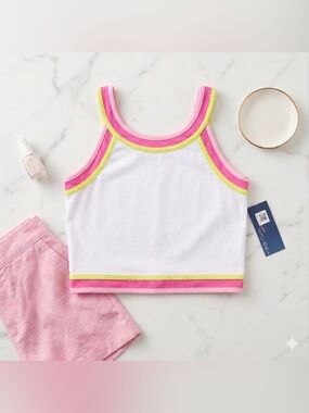 NWT Habitual Girl Crop Tank Top Size 12 White Pink Lime Contrast Binding Trim
